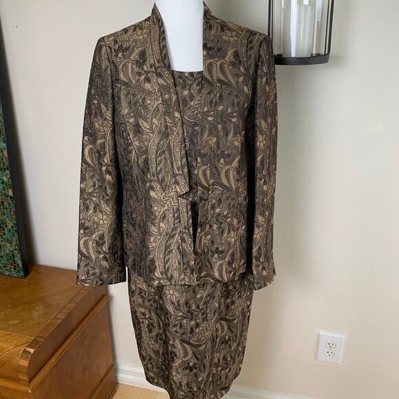 Kasper Size 12 2-Piece Dress Suit w/ Blazer Jacket Floral Jacquard Gold Brown - Picture 3 of 12